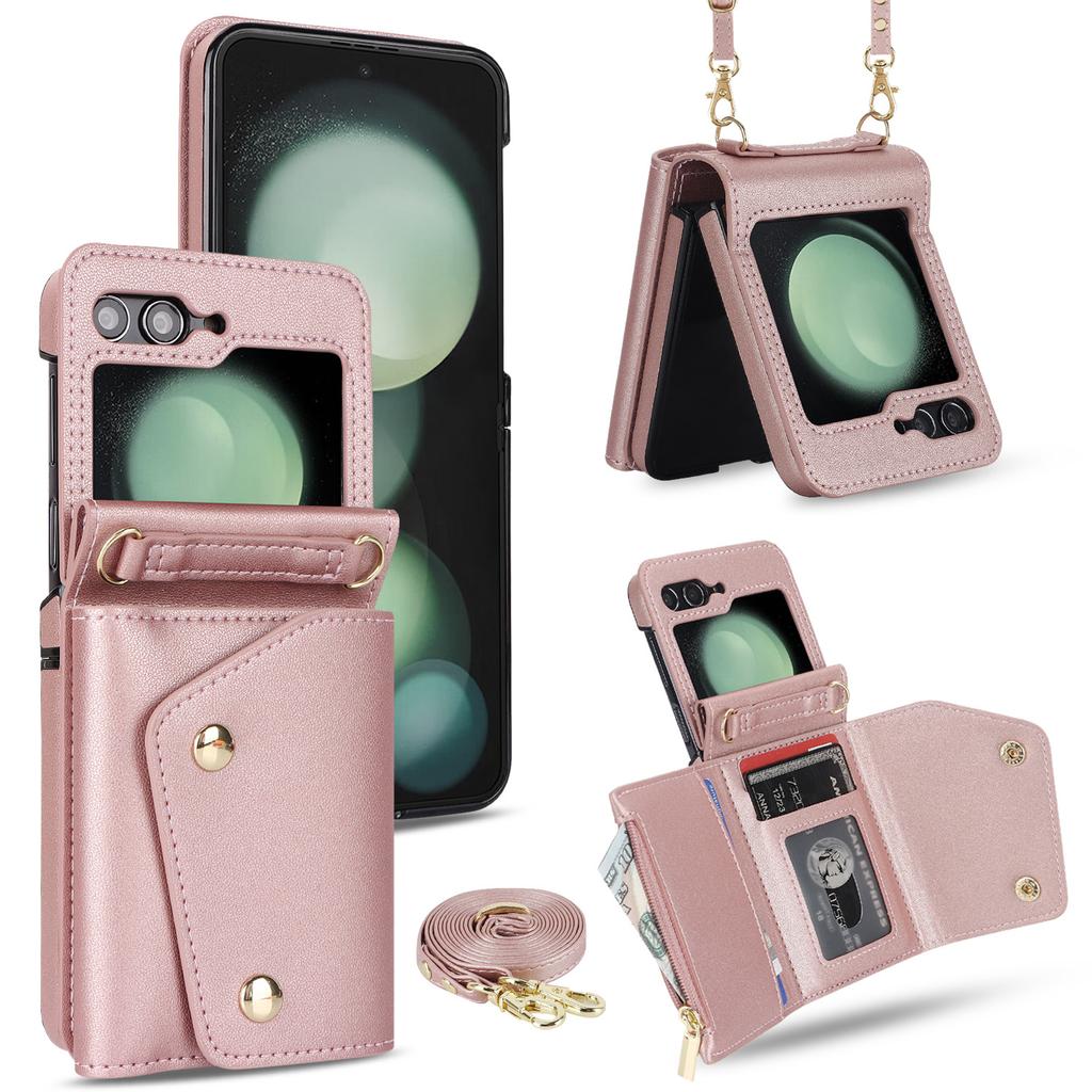 Applicable to Samsung Zflip5 double-buckle zipper messenger wallet case zflip4 niche multi-card all-inclusive anti-drop case in stock