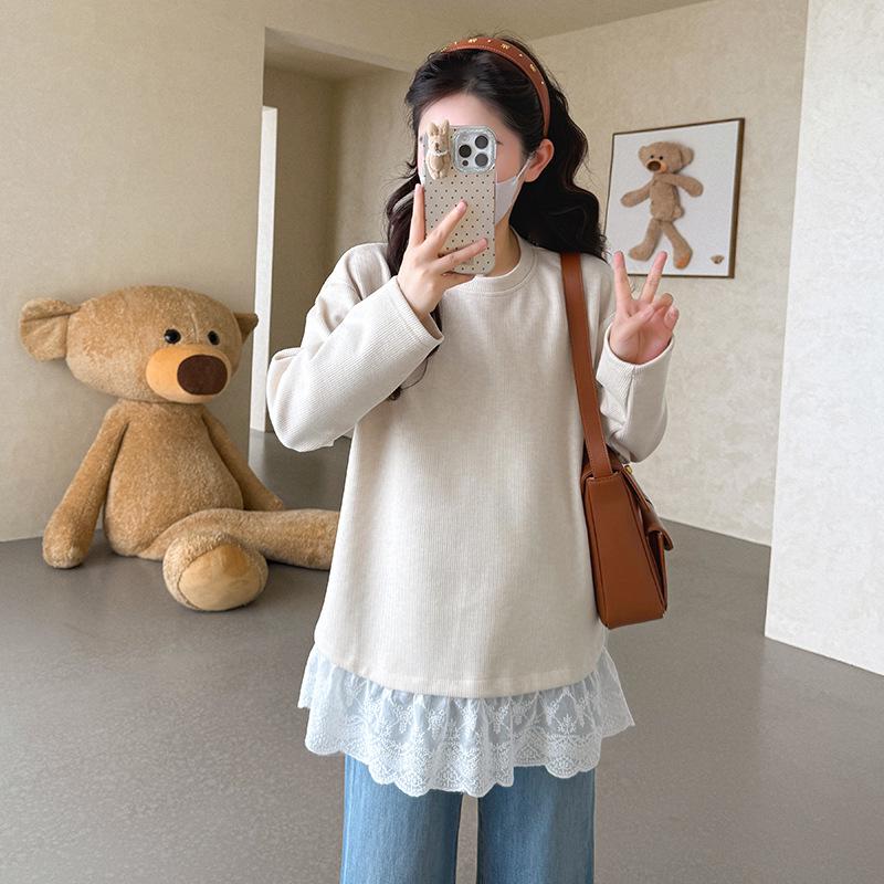 2025 Autumn/Winter Maternity Lace Hoodie Skirt Set in Korean Style L