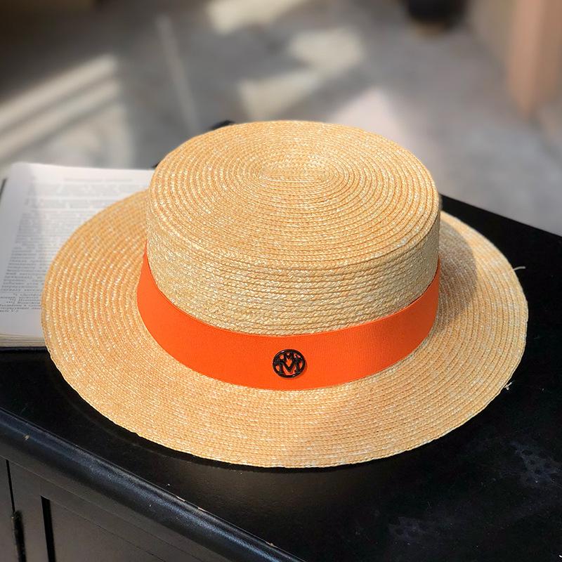 

Flat Top Wheat Straw Sun Hat for Women s Summer British Sunshade Straw Hat High Quality Wide-brim Sunscreen Vacation Top Panama 56-58cm помаранчевий