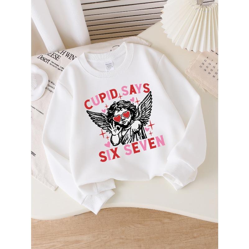 European sizes Kids Sweatshirt, Kids Clothes, Kids Round Neck Fashion Sweatshirt, Cupid Says Six Seven, Kids Trendy Print Sweatshirt 110