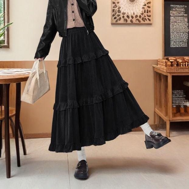 Women's 2026 A-Line Layered Velvet Umbrella Skirt with Elastic Waist - Mid-Length, In Stock