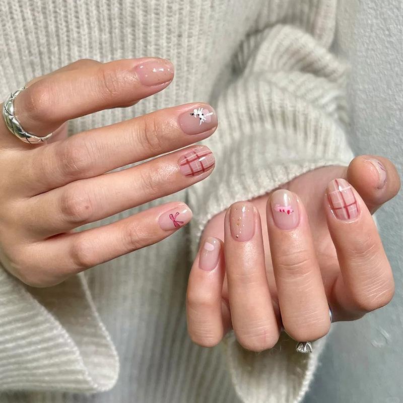 

Translucent Pink Cartoon Animal Nail Stickers with Gingham Bow Design