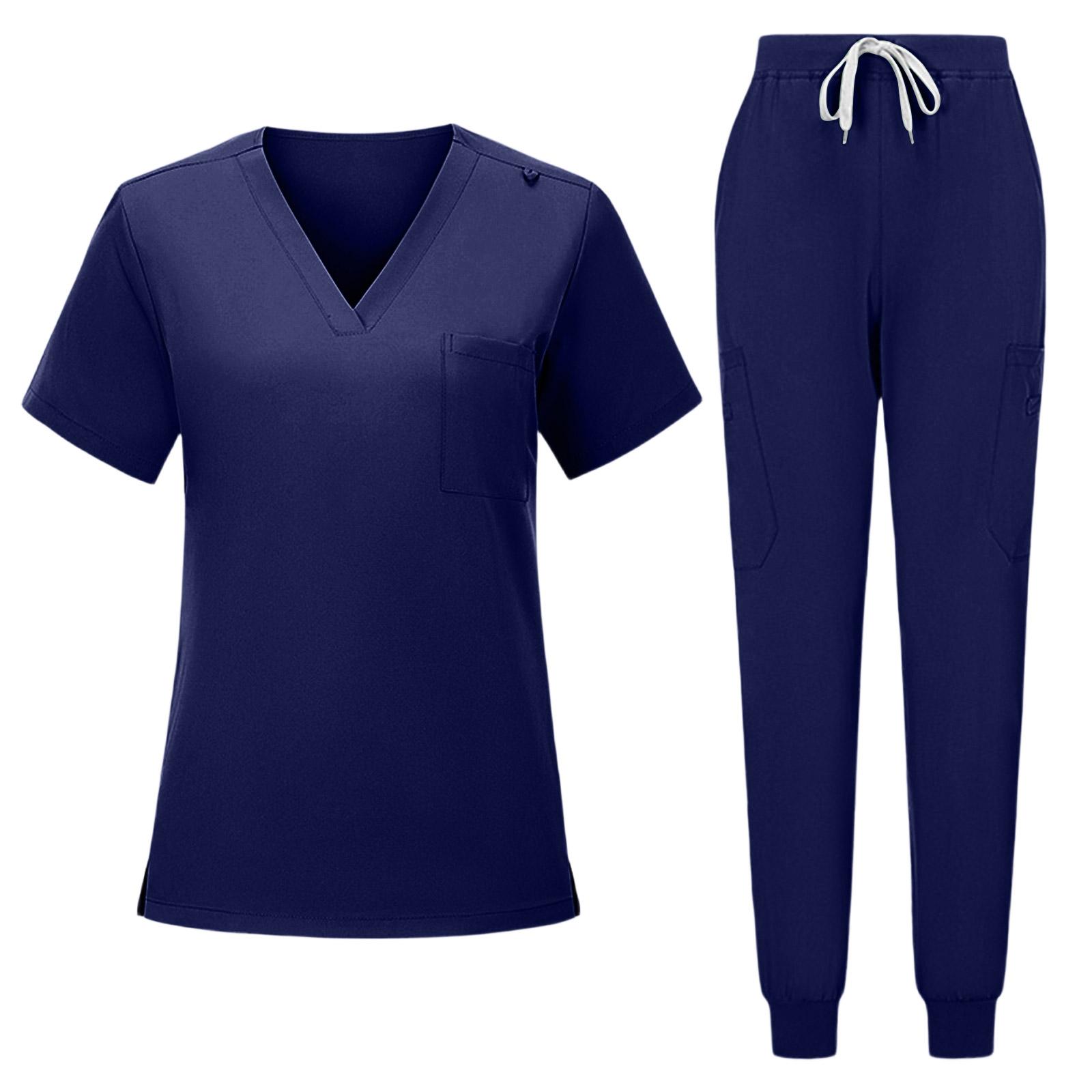 

Women s Short Sleeved Color Round Neck Pocket Top Pants Work Clothes Two Piece Set XL Темно-синій