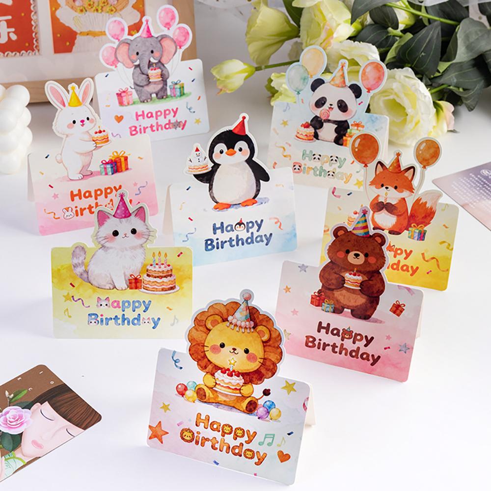 10 Birthday Cards, 3D Small Size Cartoon, Simple Folding, Handwritten Blessing Message, Birthday Card