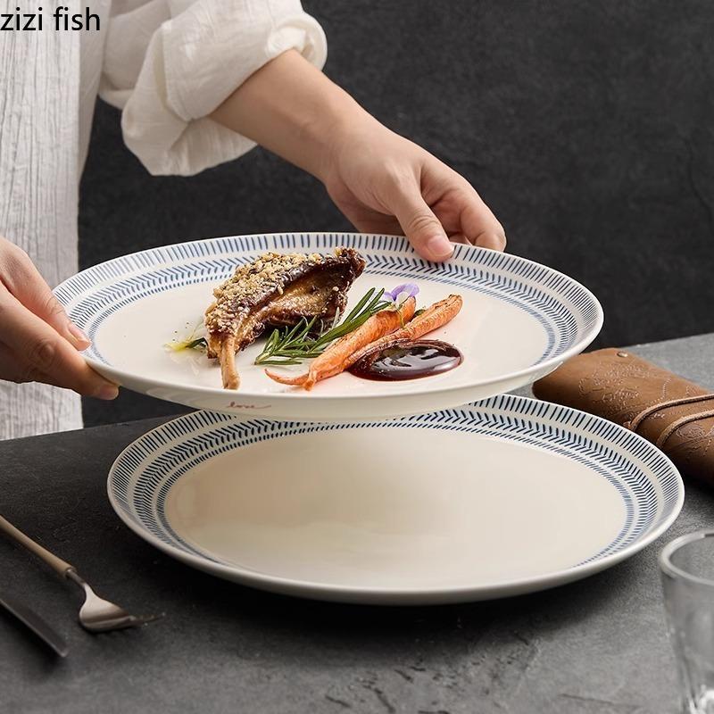 Blue Striped Ceramic Shallow Plate Underglaze Color Cake Plate Steak Plate Sushi Plates Restaurant Specialty Service Plates