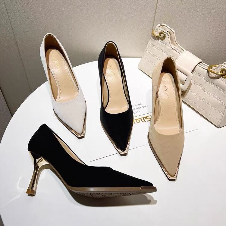 Fashion Women Shoes 2024 Spring Pumps Beige High Heels Work Dress Professional Pointed Wedge Sandals Ladies Shallow Mouth Latest 12cm Me