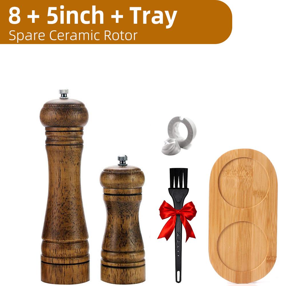 Wood Salt and Pepper Grinder Set, Pepper Mill, Salt Shakers w/Adjustable Ceramic Rotor- Refillable - Oak Wood