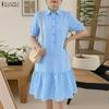 Women Plaid Print Casual Turn Down Collar Short Sleeve Dress