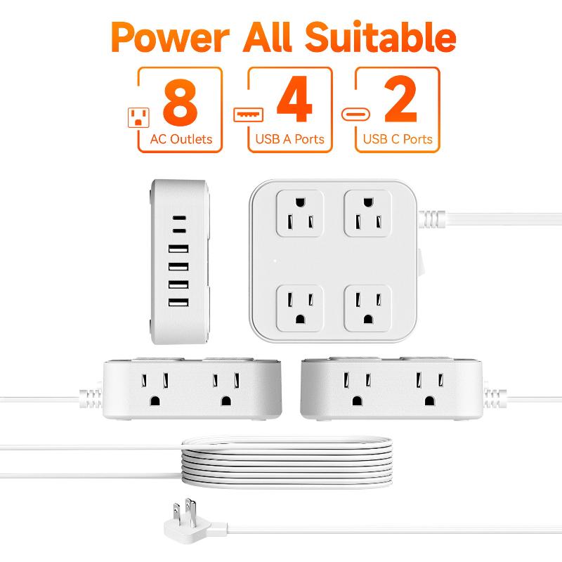 8Ac+4Usb Extension Cord Power Strip With Usb (Type C), Ultra-Thin Flat Plug For Travel/Home/Office