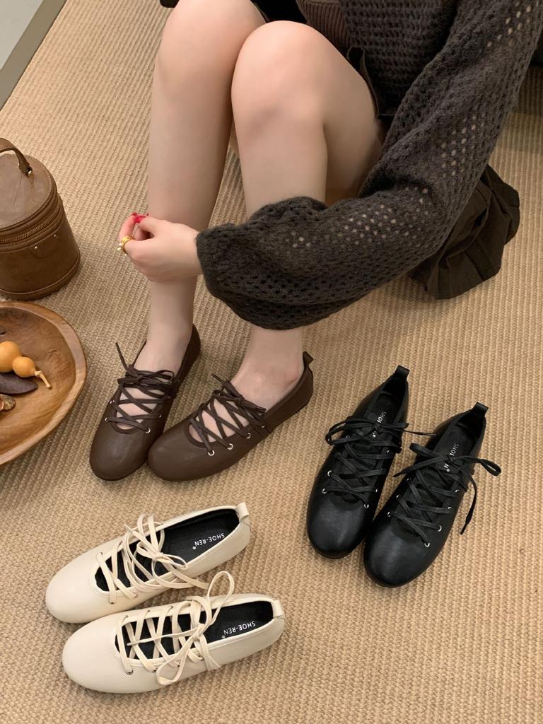 2025 spring new women's shoes lace-up gentle ballet style flats casual flat heels soft small leather shoes women
