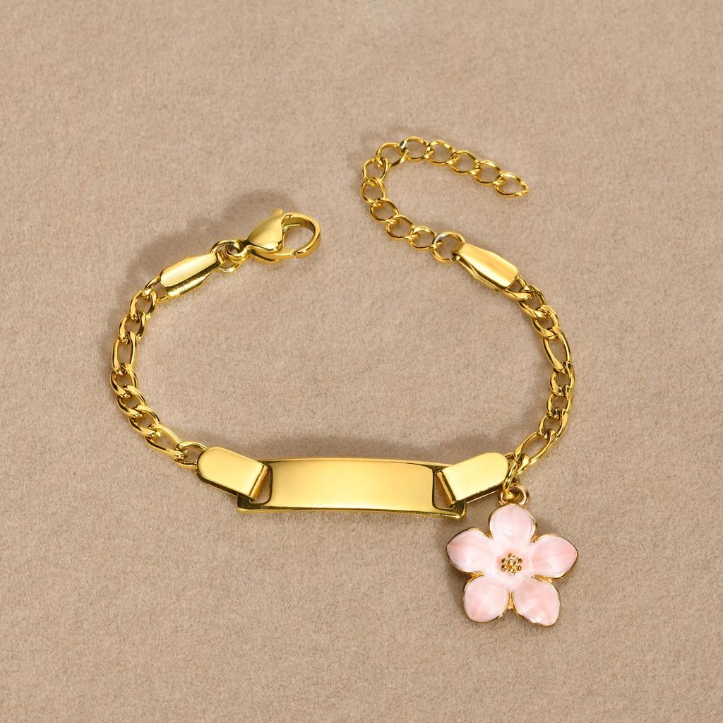 Customized Engrave Name Bracelet for Little Boy Girl, Charms Flower Bracelet, Personalized Stainless Steel Chain