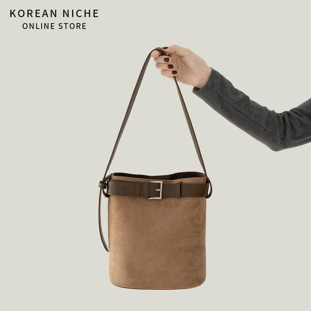 New Suede Spliced Bucket Bag for Women with A Sense of Luxury, Retro Fashion, Hand-held Shoulder Bag for Women