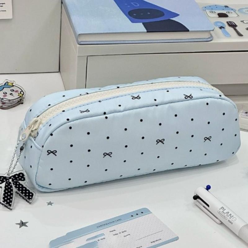 Portable Cute Bow Pencil Case Polka Dot Aesthetic Stationery Pouch for College Students Travel Use