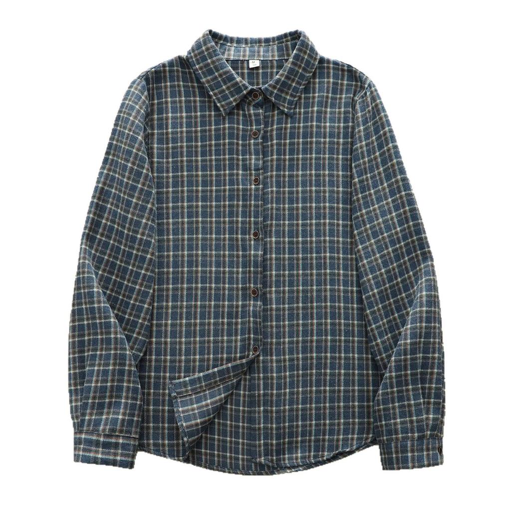 Literary Retro Plaid Brushed Cotton Long-Sleeve Women's Shirt - Spring 2026 Casual Collection