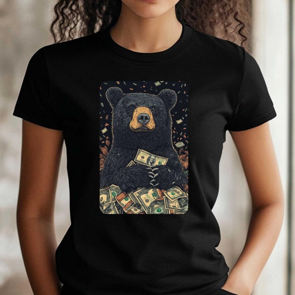 T-Shirt Frauen Lustiger Schwarzbär Klaut Geld Motiv Baumwolle Größe XS bis 3XLWird in neuem Fenster oder Tab geöffnet