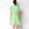 Elegant Lace Embroidery Hollow-out Mini Dress for Women Lapel High Waist A-Line Short Sleeve Single Belt Short Dress Summer