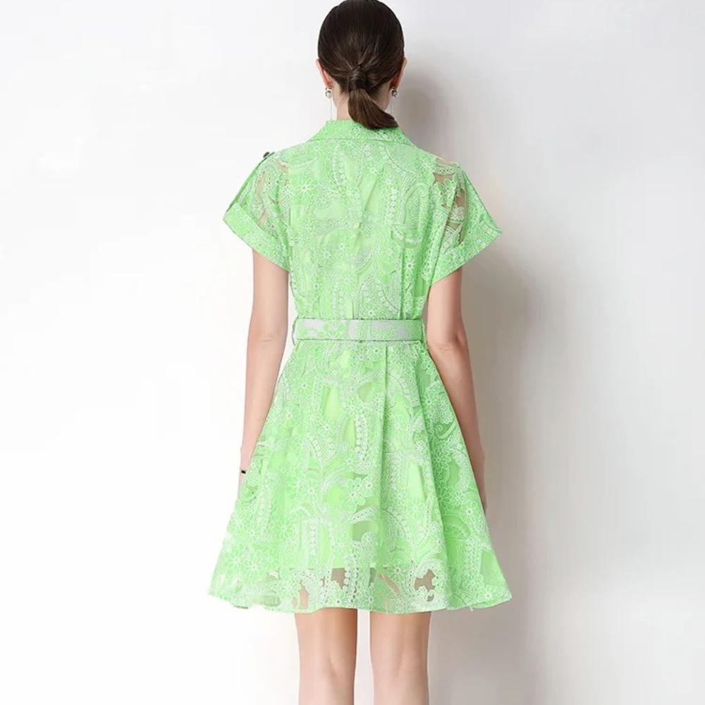 Elegant Lace Embroidery Hollow-out Mini Dress for Women Lapel High Waist A-Line Short Sleeve Single Belt Short Dress Summer