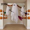 Weather Resistant Halloween Decor 3 Pcs Hanging Ghosts on Brooms, Spooky Flying Gauze Ghost Lighted Yard Sign with Broomstick for Tree, Porch,