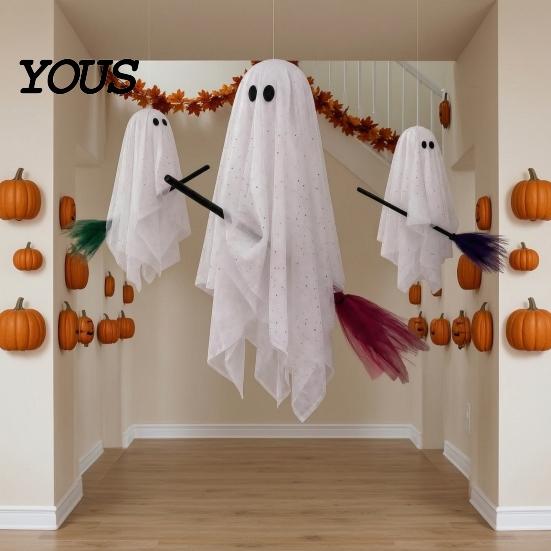 Weather Resistant Halloween Decor 3 Pcs Hanging Ghosts on Brooms, Spooky Flying Gauze Ghost Lighted Yard Sign with Broomstick for Tree, Porch,