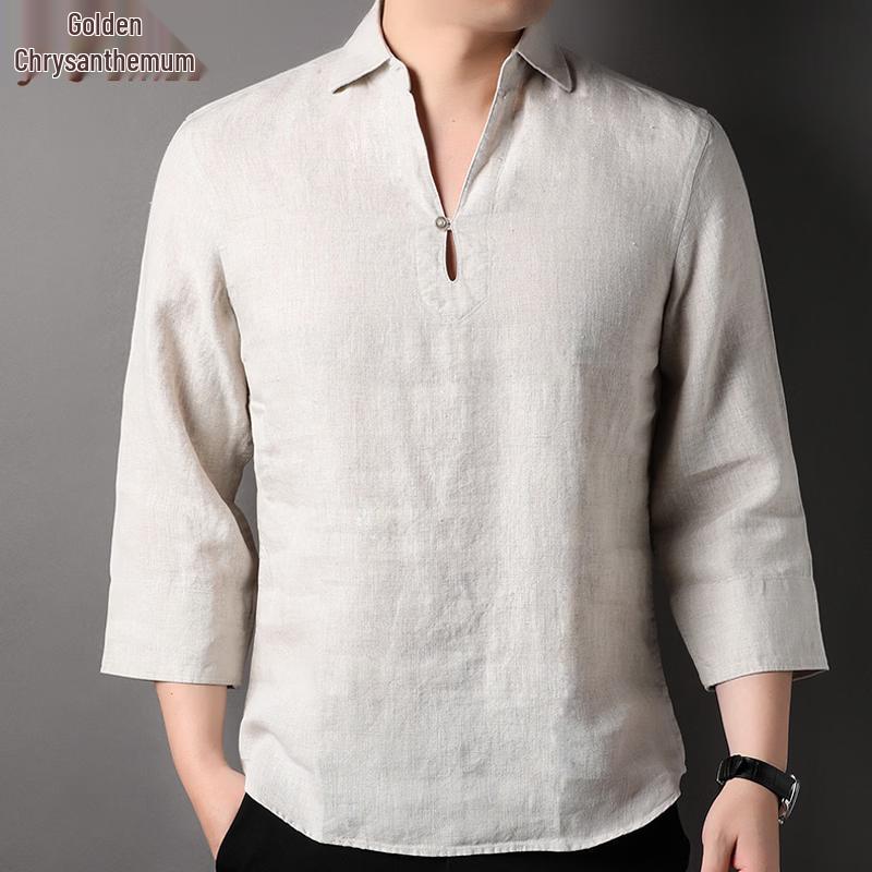 Men's 100% Pure Linen V-Neck Seven-Sleeve Casual Shirt