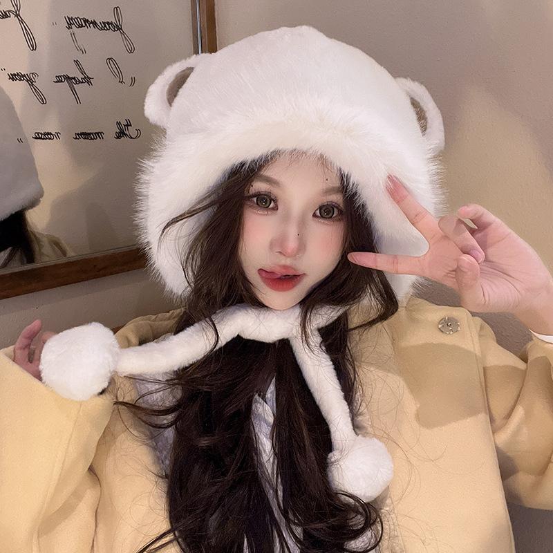 Cute plush bear hat Korean version thermal ear protection hat big head circumference cold protection pullover hat
