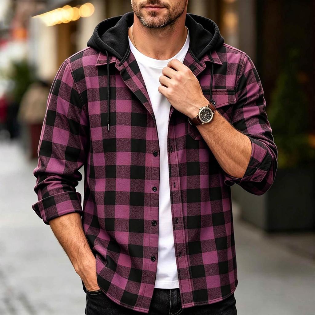 Men's Casual Long Sleeve Plaid Shirt Jacket with Hood and Pockets for Everyday Wear