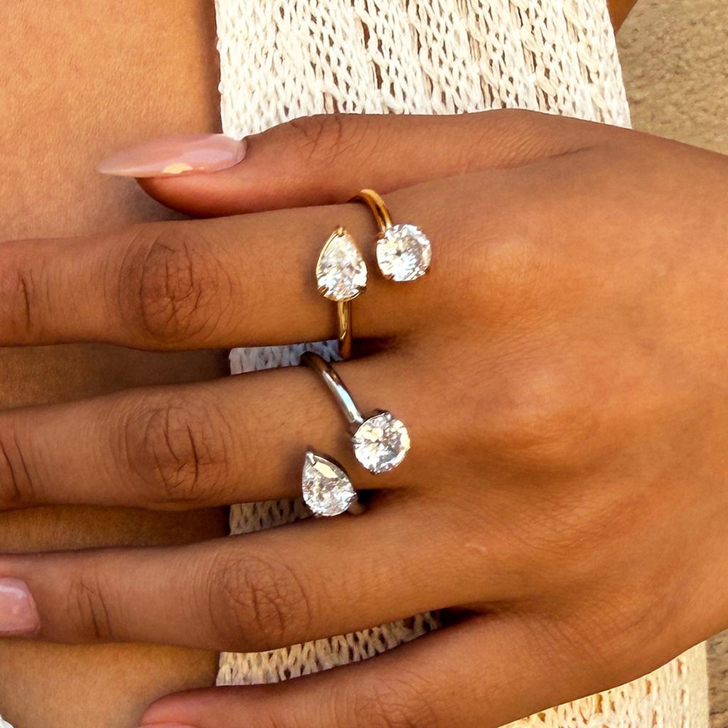 Stainless Steel Shiny Zircon Ring Women Water Drop Geometric Open Ring Light Luxury Minimalist Banquet Hand Jewelry Accessories