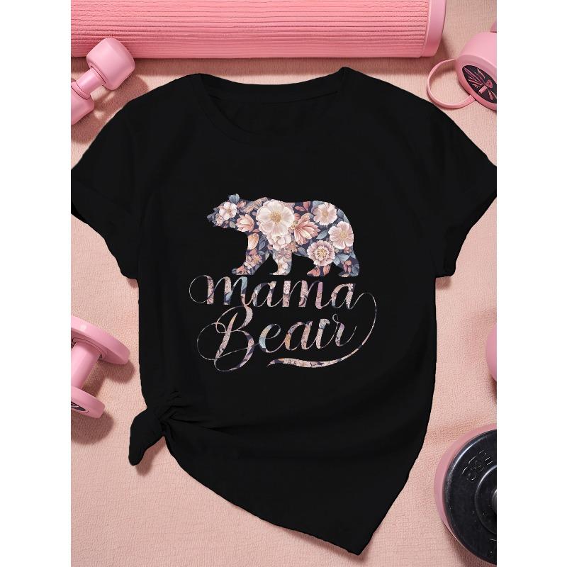 

European Size MAMA BEAR floral design Women s Plus Size Sports Short Sleeve T-Shirt 4XL чорний