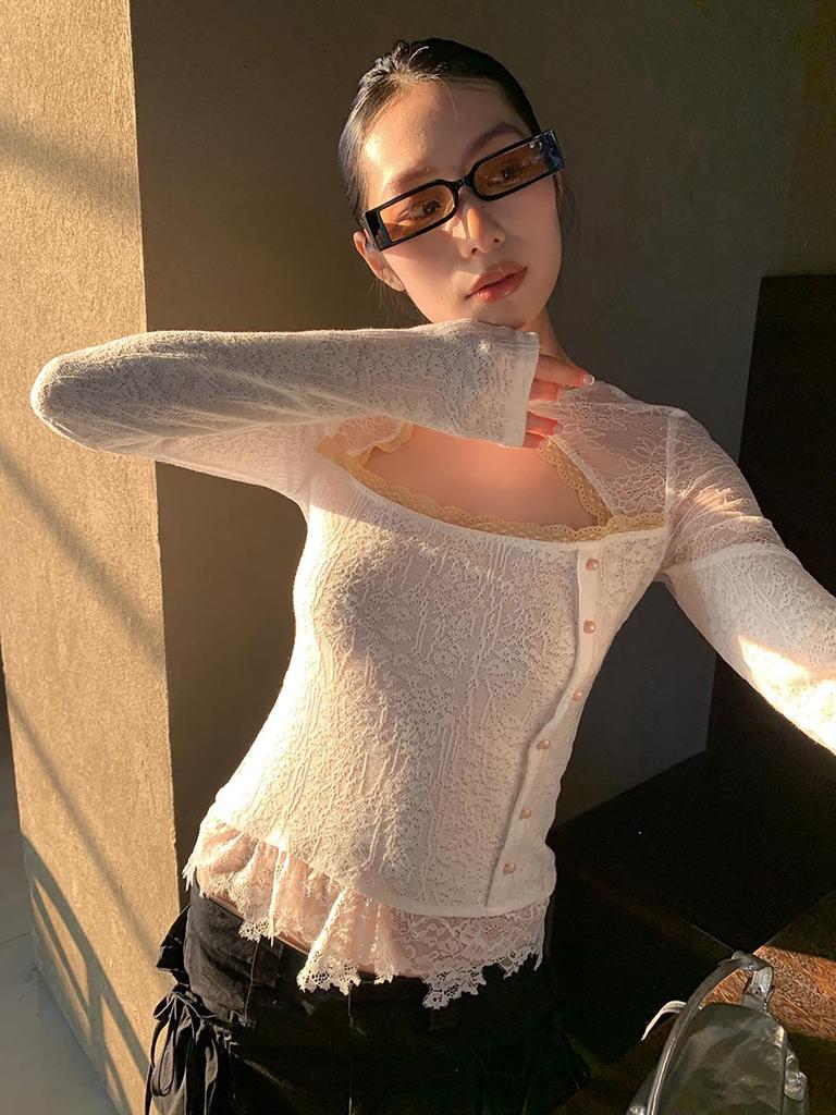 9-Hour Pure Desire Lace Patchwork Women's T-Shirt, Spring 2026 Jacquard Long-Sleeve Inner Top C3087