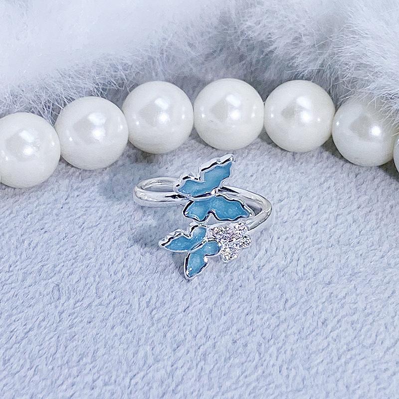 Blue Enamel Oil Drop Flower Bow Star Opening Ring Women'S Niche High-End Light Luxury Ring