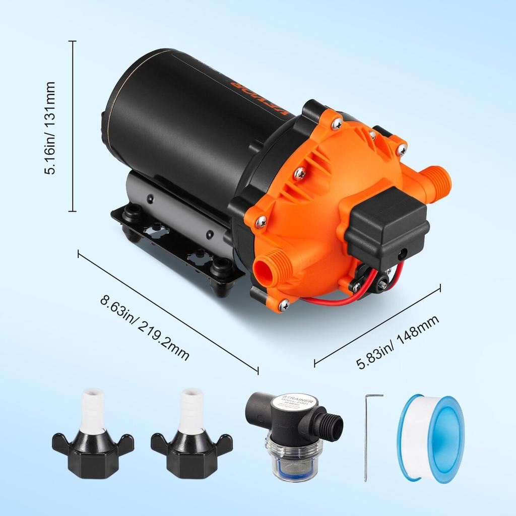 Water Diaphragm Pump, 12V DC, 5.5 GPM Flow, 70 PSI Rated Pressure (40-100 PSI Adjustable), 1/2" MNPT Self Priming Sprayer Pump with Pressure Switch