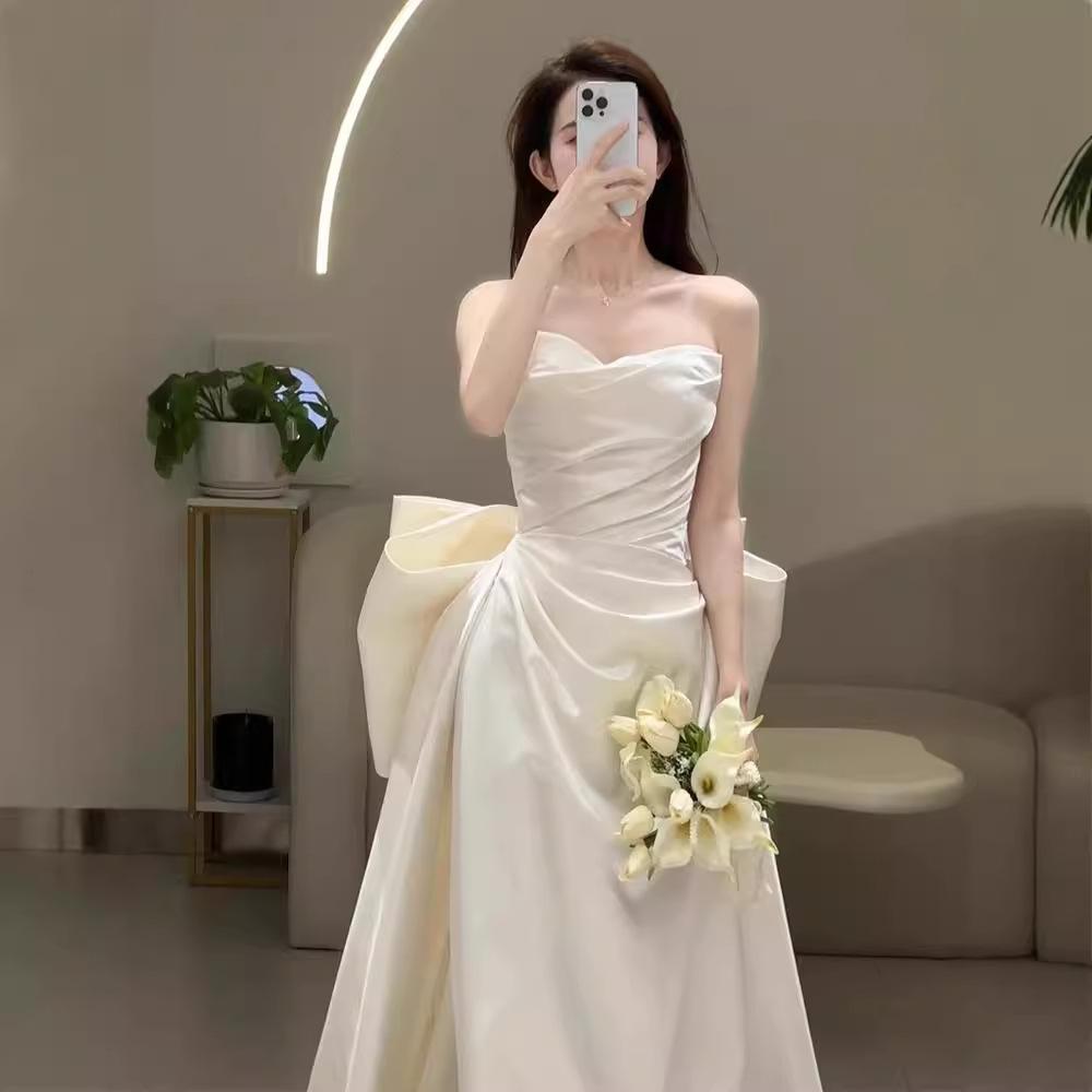 Satin fishtail main wedding dress new small welcome out dress bride tube top dress dress morning robe dress