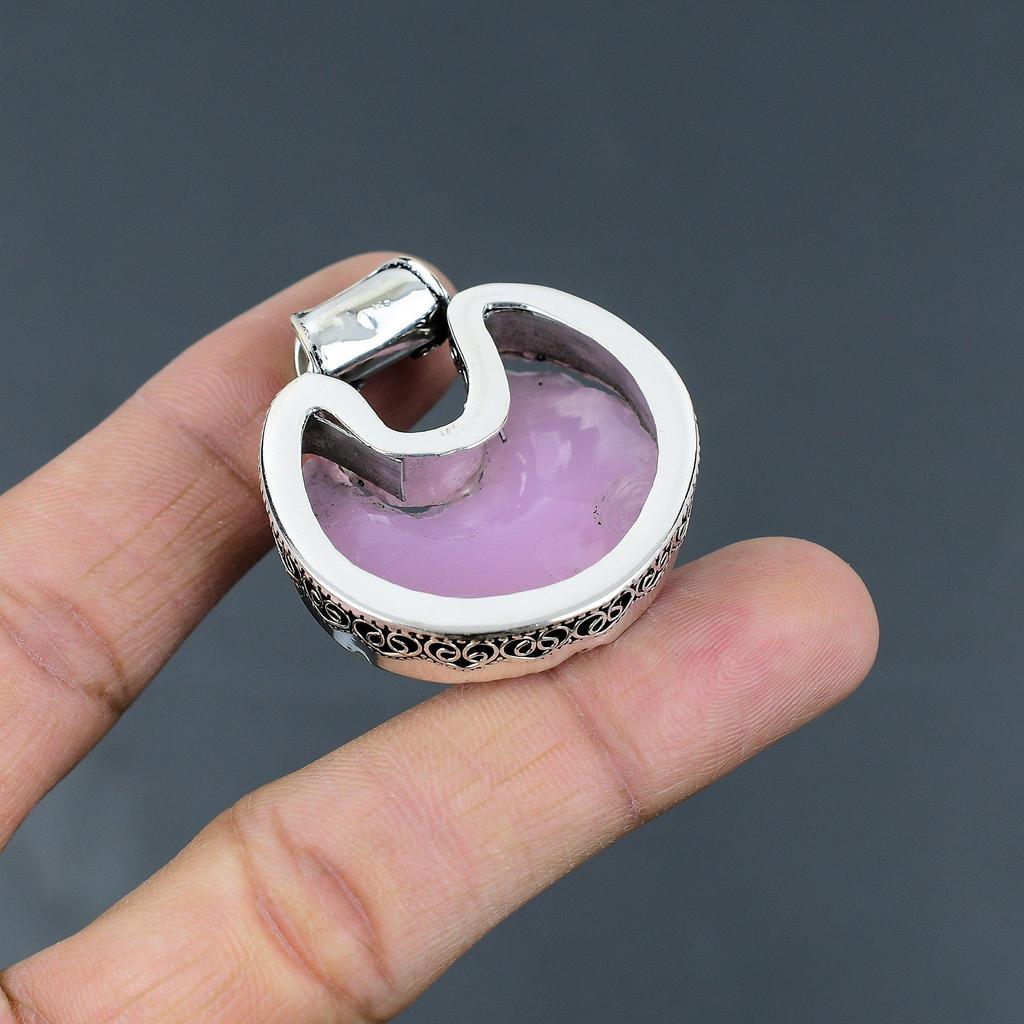 Pink Chalcedony Rough Pendant 925 Sterling Silver Pendant Gemstone Jewelry Crescent Moon Pendant Handmade Vintage Pendant Anniversary Gifts