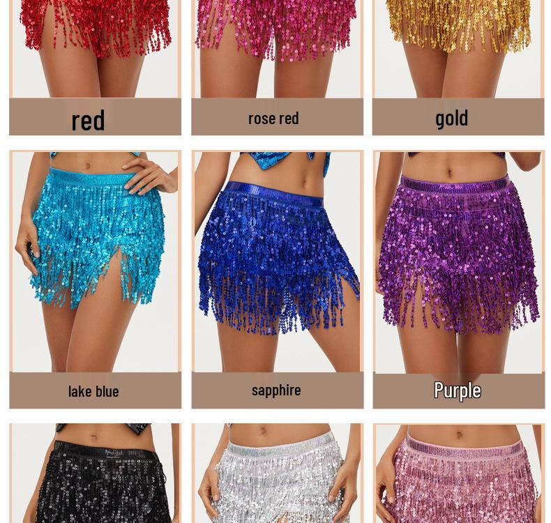 Bohemian Sequin Hip Scarf: Four-layer Tassel Waist Chain Belly Dance Costume for Women. Perfect for Halloween Performances.