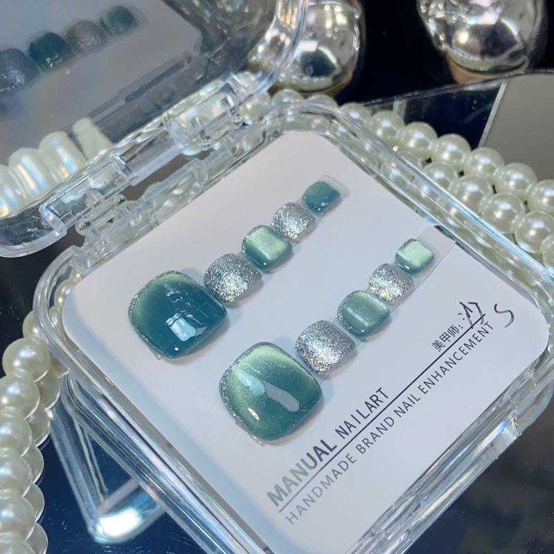 

Ручная работа Зеленый кошачий глаз Глиттер Наклейки на ногти педикюра Нейл-арт – Высококачественные отбеливающие накладные ногти Medium Set