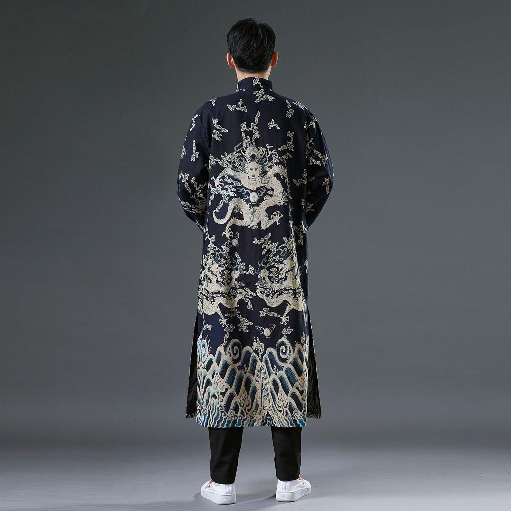 Winter new double-layer dragon pattern trench coat cotton and linen printed disc-buckled cardigan loose stand-up collar Chinese style coat