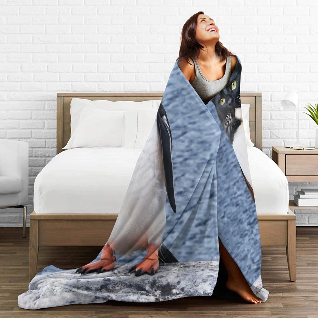 Cute Penguins Famous Meowl Cat Owl Meme Blanket  Warm Soft Plush Throw Blanket For Home Decor Travel Flannel Bedspread Bed Cover