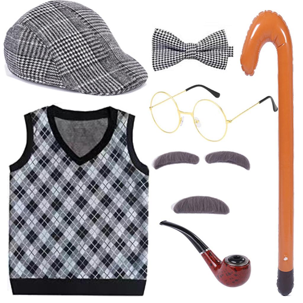 Grandfather Set Halloween Old Man Costume Set Grandpa Hat  Glasses Eyebrows Moustache for 100th Day of School