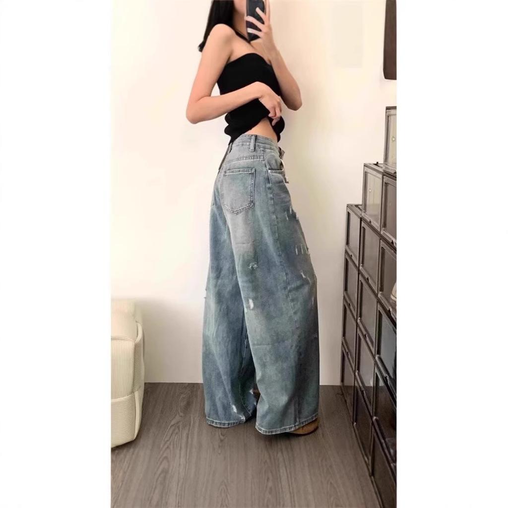 Women's High Waist Distressed Wide Leg Jeans Non-Stretch Washed Baggy Flare Denim Trousers For Summer Retro Casual Street Daily Outfits