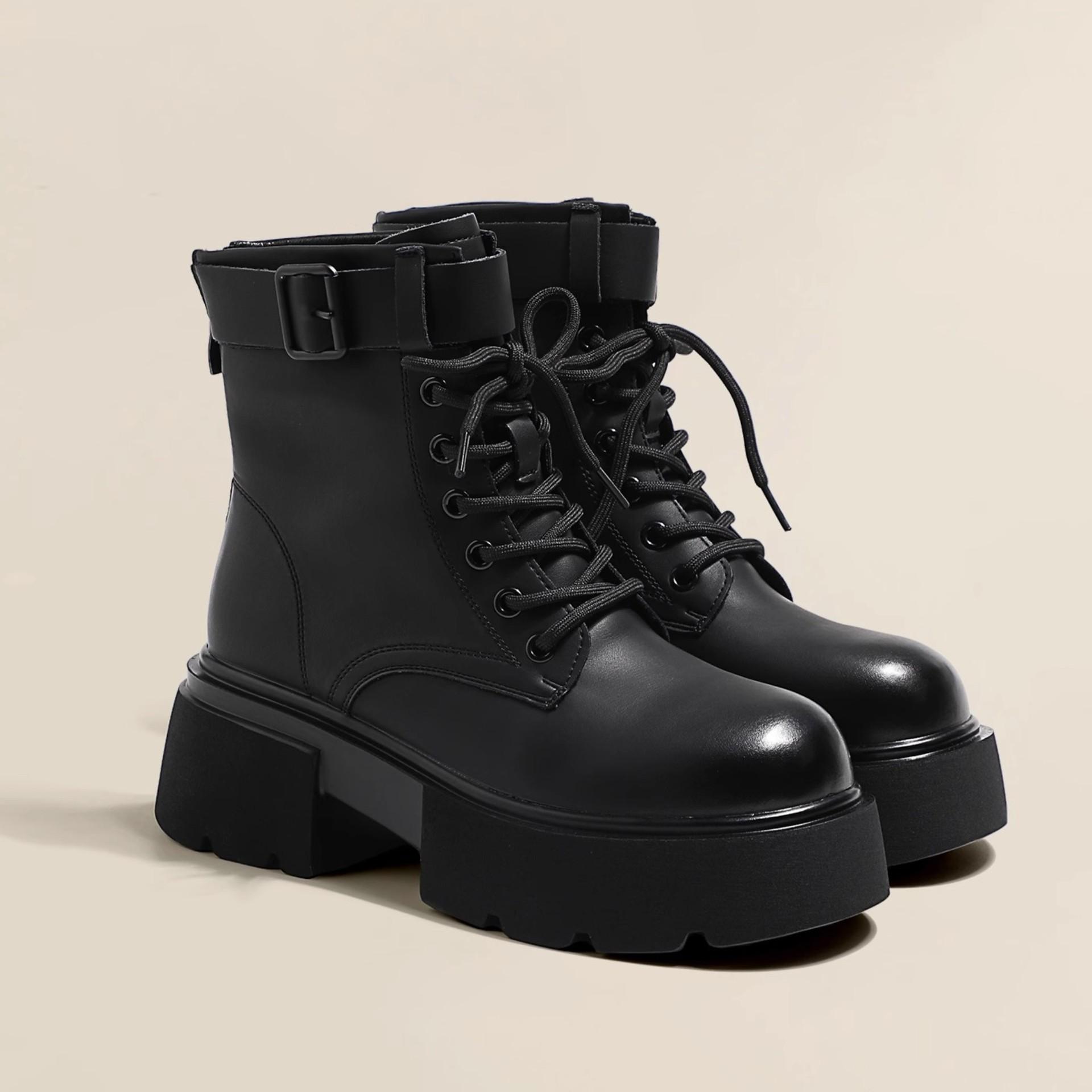 

Женские кожаные ботинки Роскошные дизайнерские осенние туфли Ботинки-женские На шнуровке Круглый носок Для верховой езды До щиколотки Рок Мода Резина Женские Лолита 35 чёрный