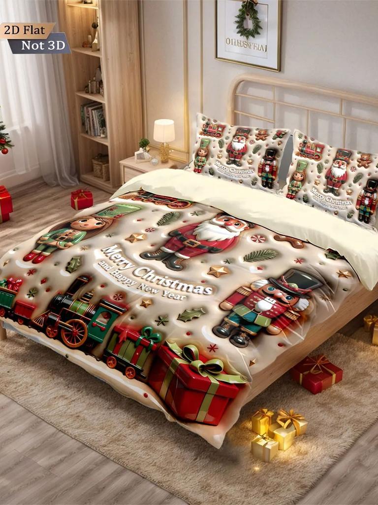 3-teiliges Bettwäscheset ohne Füllung mit Imitationsrelief-Weihnachtsmann-Druck, weich für Schlafsaal-Schlafzimmer, mehrere Größen, maschinenwaschbar