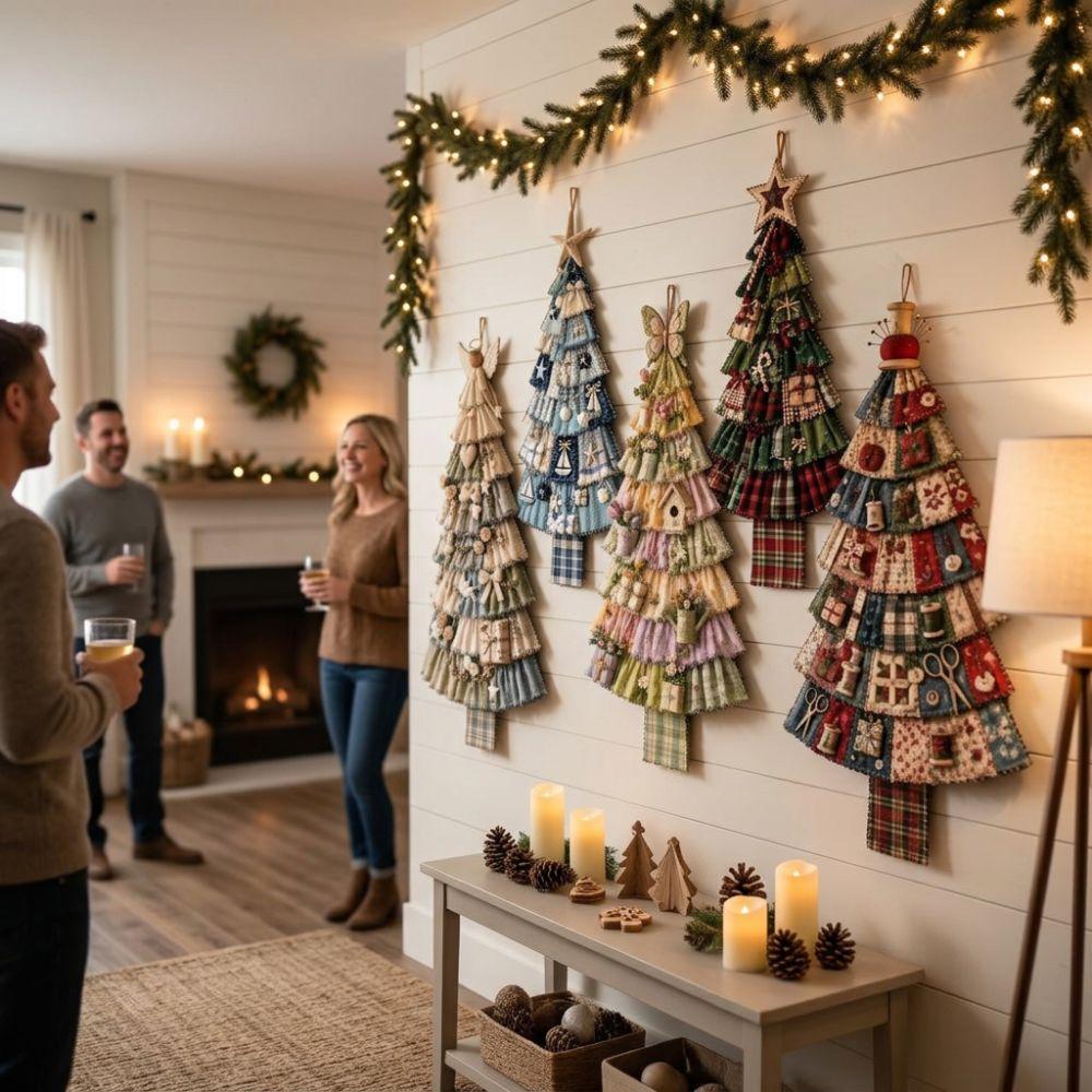 Vintage Patchwork Christmas Tree Door Hanging Handmade Hand-Sewn Oversized Fabric Christmas Tree Cozy Soft Plaid Print