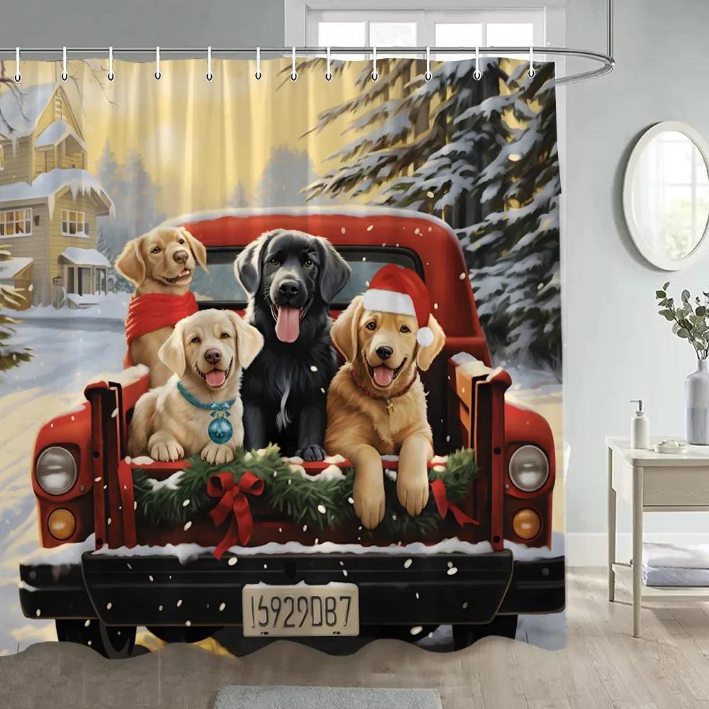 Funny Flamingo Christmas Shower Curtain Winter Forest Cedar Snowflake Nature Snow Scene New Year Xmas Bathroom Decor With Hooks