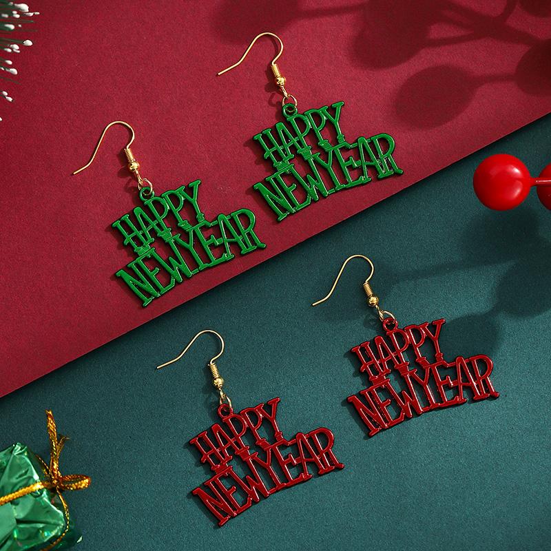 2026 Fashion Happy New Year Earrings Jewelry Green Red Color Christmas Earrings For Women Girls Gifts