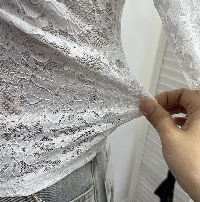 Women's Sexy V-neck Lace Shirt with Lace-up Bowknot and Hollow Long Sleeves