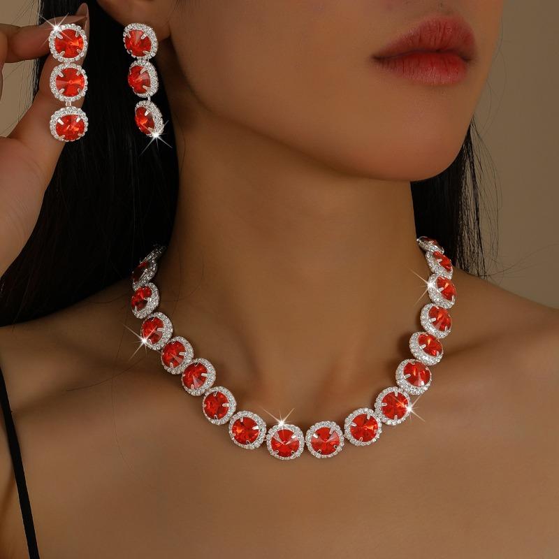 

European and American Gemstones Round Diamond Necklace Earrings Set High-end Luxury Bridal Jewelry Set Accessories Women