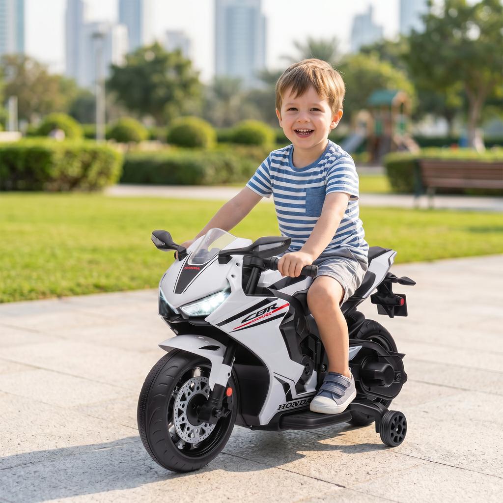 Electric Motorcycle for Children, Honda, 6 V, 3 km/h, Music, Lights, 2 Training Wheels, White