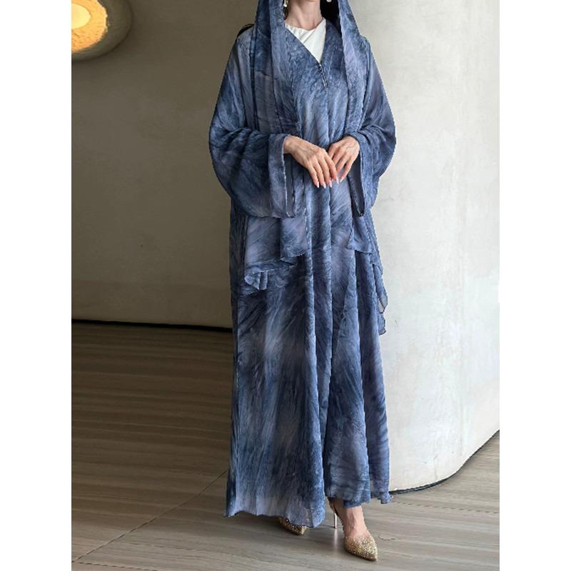 women s Tie Dye Printed Loose Hooded Abaya Long Sleeve Open Front Maxi Dress Muslim Robe S синий