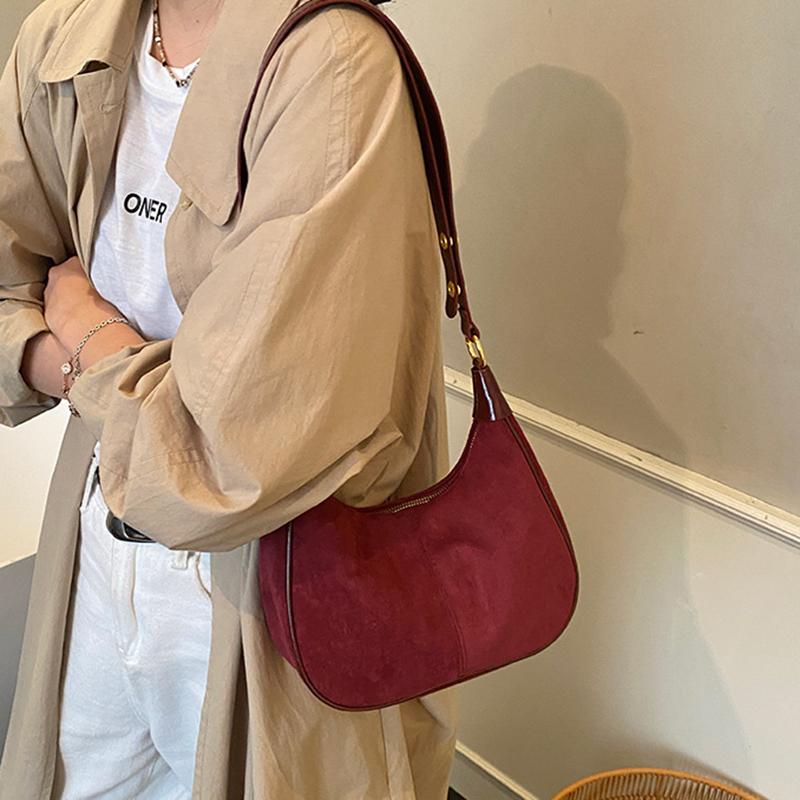 Faux Suede Solid Color Large Capacity Hobos Shoulder Bags for Women High Quality Versatile Undearm Ruched Handle Bags