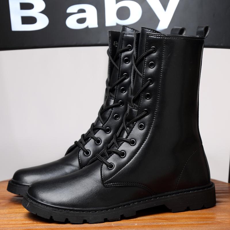 Mode Punk Stil Stiefeletten Outdoor Herren Freizeit Schuhe Schwarz High Top Lederstiefel Winter Fell Warm Schnürstiefel Motorradstiefel